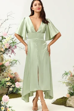 A Line Deep V Neck Light Green Wedding Guest Dress with Half Sleeves