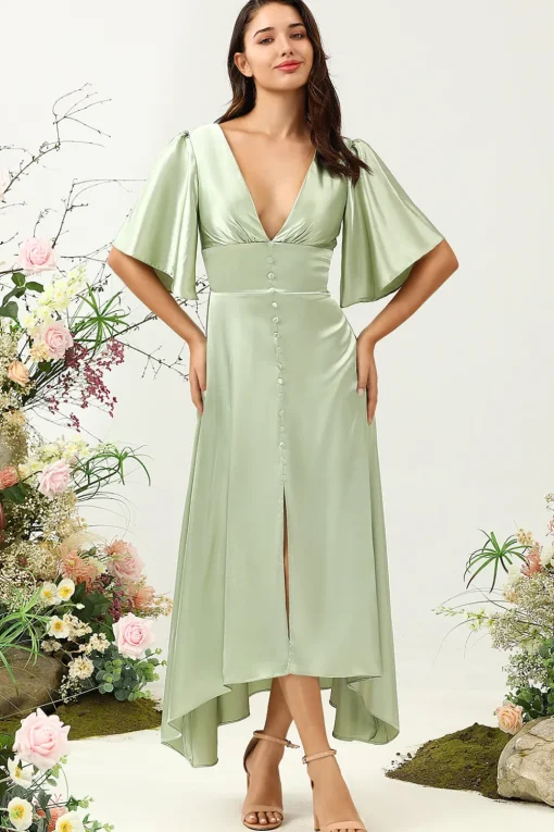 A Line Deep V Neck Light Green Wedding Guest Dress with Half Sleeves