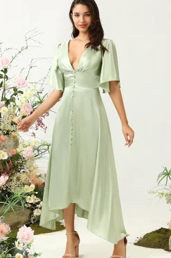 A Line Deep V Neck Light Green Wedding Guest Dress with Half Sleeves