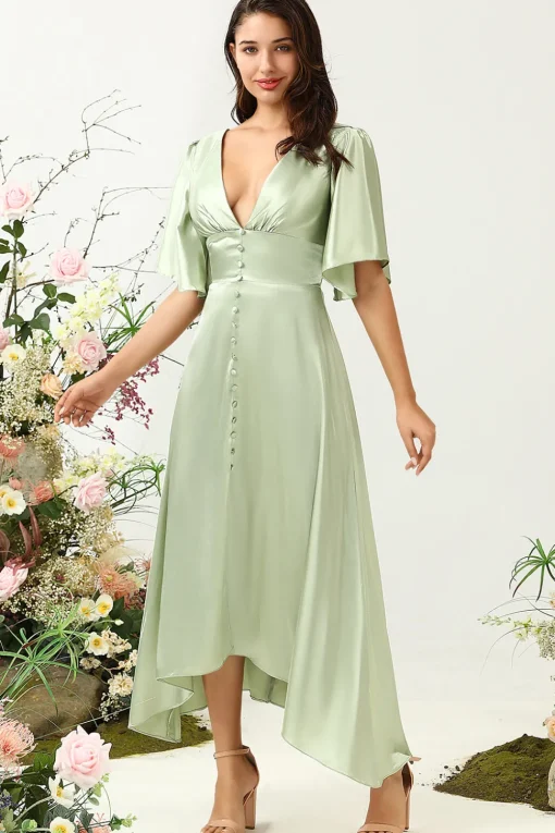 A Line Deep V Neck Light Green Wedding Guest Dress with Half Sleeves