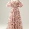 A Line Floral Off Shoulder Plus Size Prom Dress