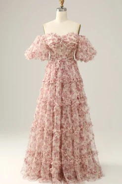 A Line Floral Off Shoulder Plus Size Prom Dress