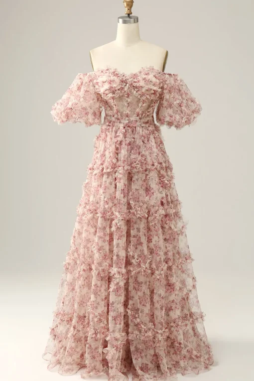 A Line Floral Off Shoulder Plus Size Prom Dress