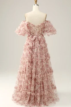 A Line Floral Off Shoulder Plus Size Prom Dress