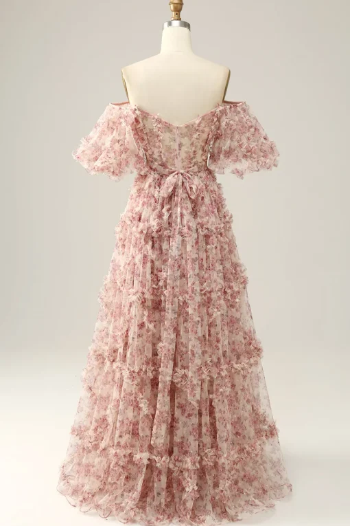 A Line Floral Off Shoulder Plus Size Prom Dress