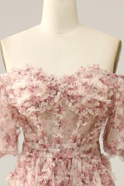 A Line Floral Off Shoulder Plus Size Prom Dress