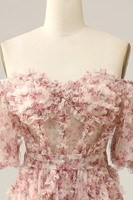 A Line Floral Off Shoulder Plus Size Prom Dress