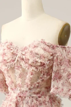 A Line Floral Off Shoulder Plus Size Prom Dress