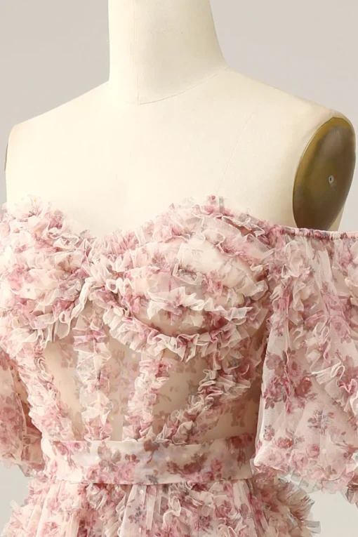 A Line Floral Off Shoulder Plus Size Prom Dress
