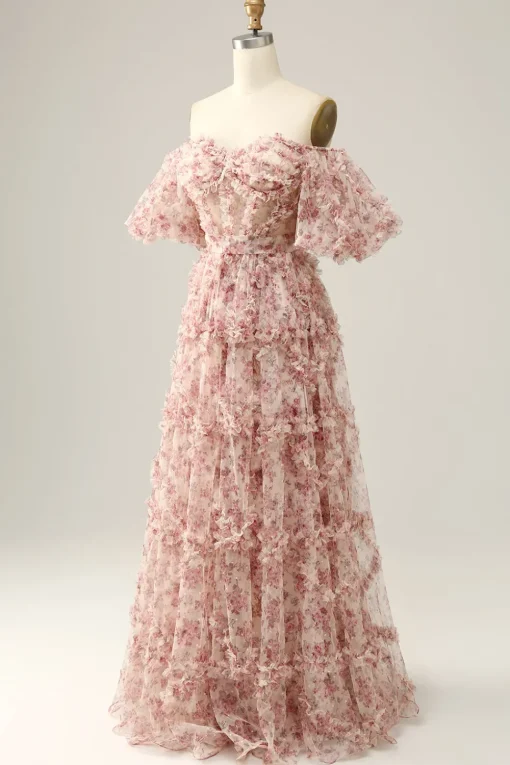 A Line Floral Off Shoulder Plus Size Prom Dress