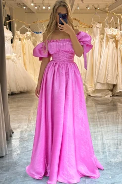 A Line Fuchsia Off the Shoulder Long Prom Dress