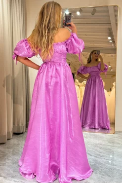 A Line Fuchsia Off the Shoulder Long Prom Dress