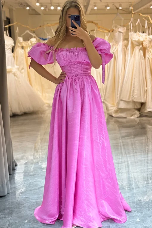 A Line Fuchsia Off the Shoulder Long Prom Dress