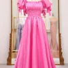 A Line Fuchsia Square Neck Long Prom Dress