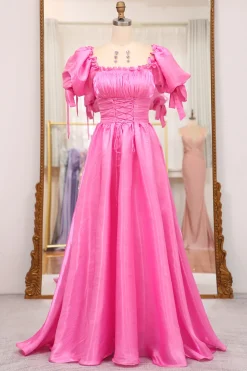 A Line Fuchsia Square Neck Long Prom Dress