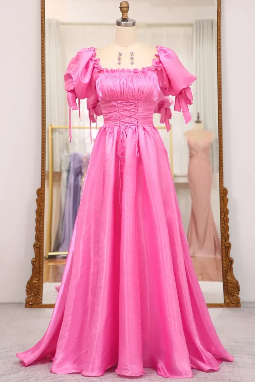 A Line Fuchsia Square Neck Long Prom Dress