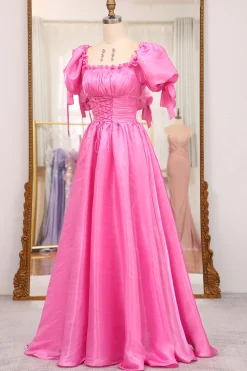 A Line Fuchsia Square Neck Long Prom Dress