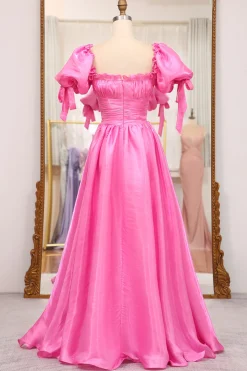 A Line Fuchsia Square Neck Long Prom Dress