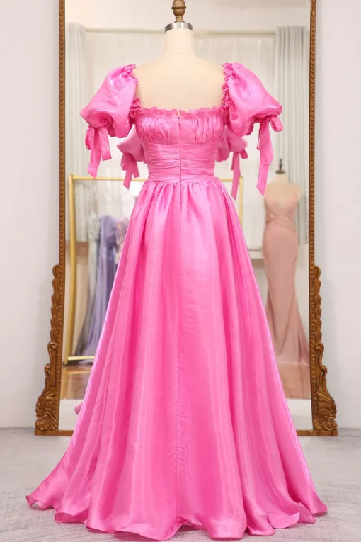 A Line Fuchsia Square Neck Long Prom Dress