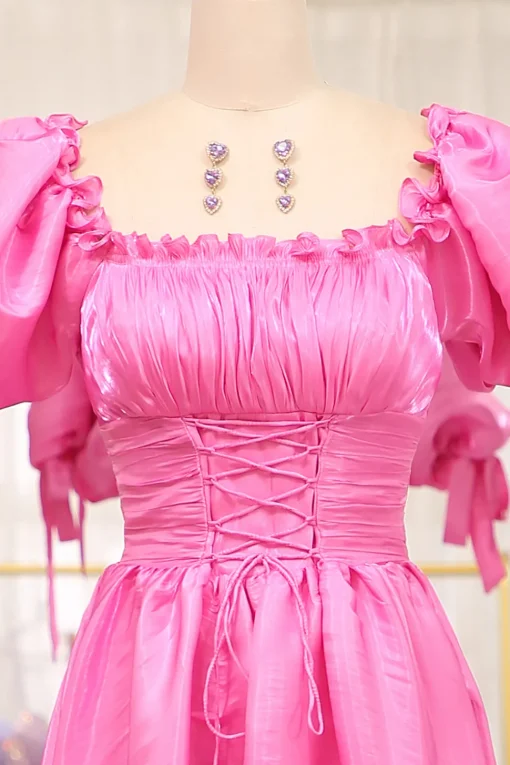 A Line Fuchsia Square Neck Long Prom Dress
