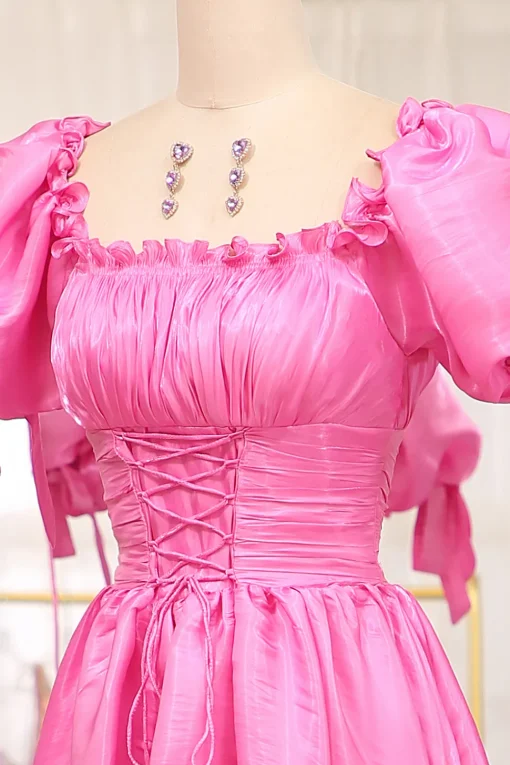 A Line Fuchsia Square Neck Long Prom Dress