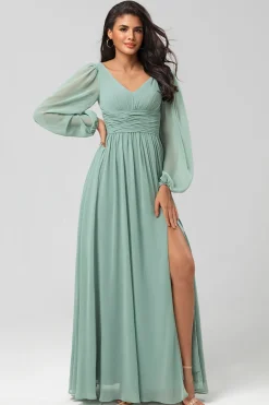 A Line Green Long Sleeves Bridesmaid Dress with Slit