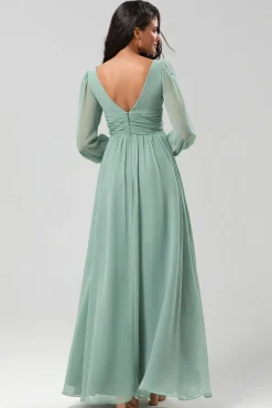 A Line Green Long Sleeves Bridesmaid Dress with Slit