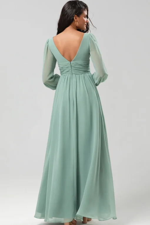 A Line Green Long Sleeves Bridesmaid Dress with Slit