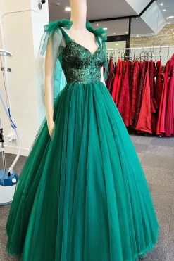 A Line Green Sequin Princess Prom Dress with Tulle