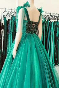 A Line Green Sequin Princess Prom Dress with Tulle