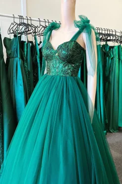 A Line Green Sequin Princess Prom Dress with Tulle