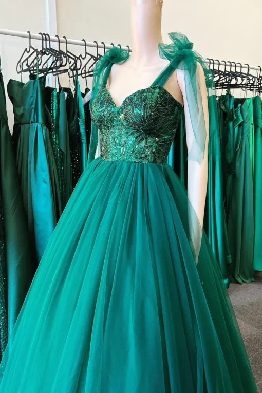 A Line Green Sequin Princess Prom Dress with Tulle