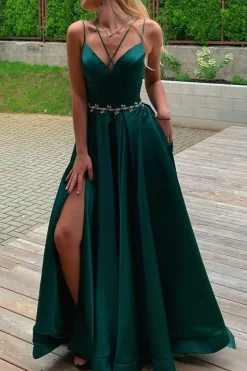 A Line Green Spaghetti Straps Satin Prom Dress with Pockets