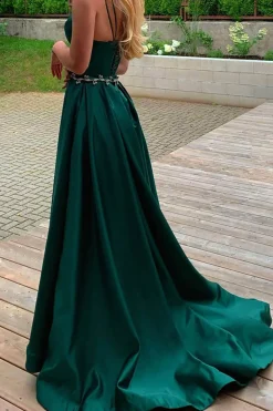 A Line Green Spaghetti Straps Satin Prom Dress with Pockets