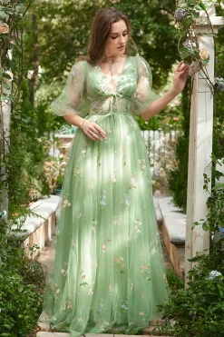 A Line Green Tulle Corset Prom Dress with Sleeves