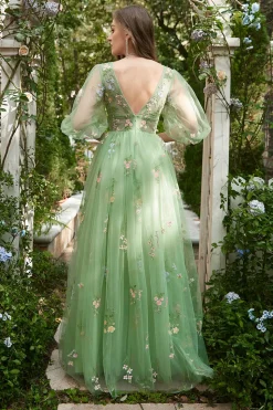 A Line Green Tulle Corset Prom Dress with Sleeves