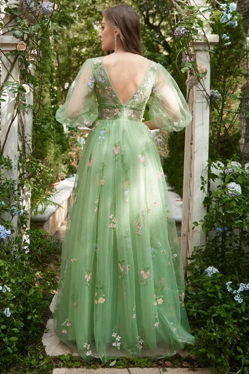 A Line Green Tulle Corset Prom Dress with Sleeves