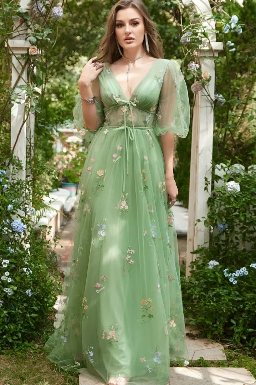 A Line Green Tulle Corset Prom Dress with Sleeves