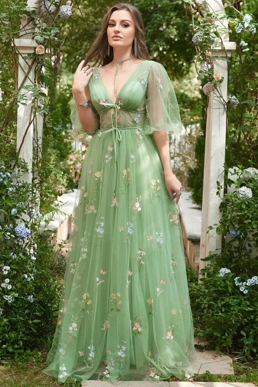 A Line Green Tulle Corset Prom Dress with Sleeves
