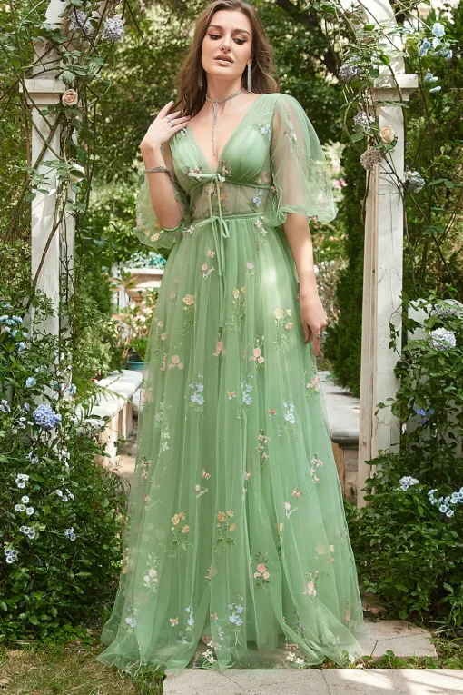 A Line Green Tulle Corset Prom Dress with Sleeves
