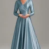 A Line Grey Blue V Neck Mother Of the Bride Dress with Long Sleeves
