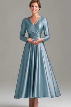 A Line Grey Blue V Neck Mother Of the Bride Dress with Long Sleeves