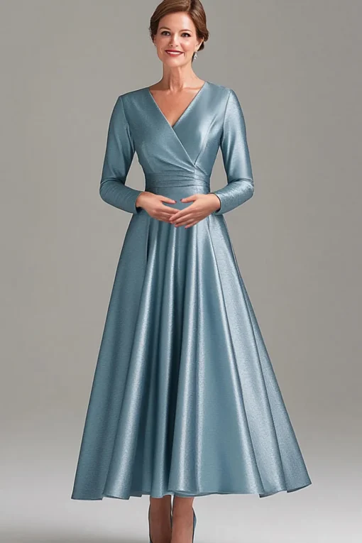 A Line Grey Blue V Neck Mother Of the Bride Dress with Long Sleeves