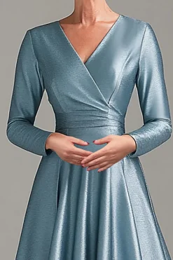 A Line Grey Blue V Neck Mother Of the Bride Dress with Long Sleeves
