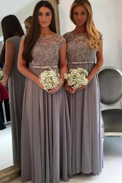 A Line Grey Chiffon Bridesmaid Dress With Beading