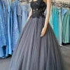 A Line Grey Tulle Corset Prom Dress with Lace