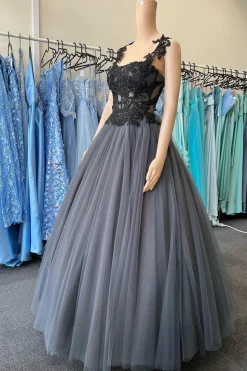 A Line Grey Tulle Corset Prom Dress with Lace