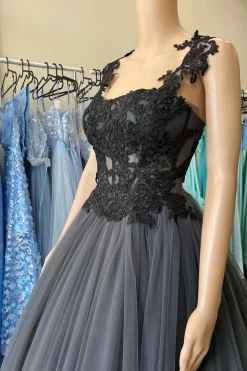 A Line Grey Tulle Corset Prom Dress with Lace
