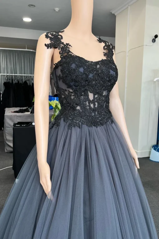 A Line Grey Tulle Corset Prom Dress with Lace