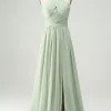 A Line Halter Chiffon Sage Green Pleated Long Bridesmaid Dress with Slit